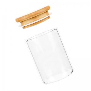 frasco de vidrio con tapa de bambú
