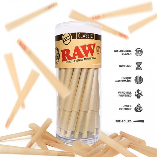 RAW conos clasicos king size | paquete de 50 | papel de liar preenrollado natural con puntas y tubos de embalaje incluidos

