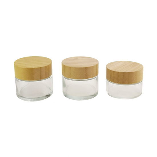 Tarro de crema de vidrio con tapa de madera de embalaje cosmético de gran venta